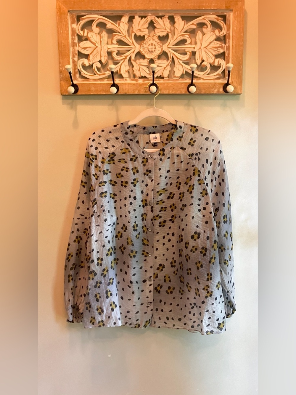 CAbi Button Up, Long Sleeve Top - Light Blue Grey with Animal Dot Print EUC Med